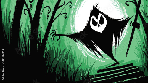 Spooky Cartoon Ghost in Dark Forest with Full Moon – Eerie Halloween Illustration, Creepy Night Fantasy Art in Green and Black