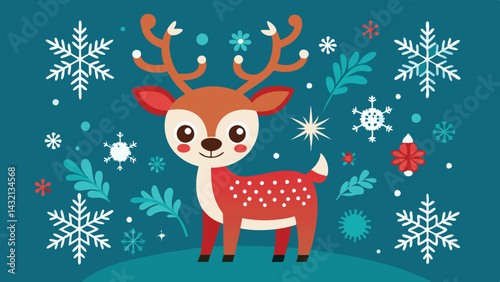 Festive vector illustration of a cheerful reindeer surrounded by snowflakes, colorful flowers, and stars, capturing the spirit of winter celebrations and holiday joy