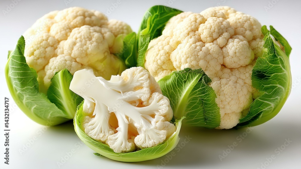 Fresh, crisp cauliflower stands out against a clean white backdrop, perfect for healthy eating and cooking visuals. Fresh, crisp cauliflower stands out against a clean white backdrop, perfect for healthy eating and cooking visuals.