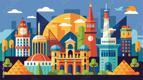 Urban skyline featuring iconic buildings and structures in a vibrant vector style illustration during sunrise or sunset