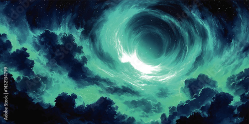 Surreal Night Sky Vortex With Glowing Blue Clouds, Starry Cosmos, Fantasy Universe Digital Art Background Illustration