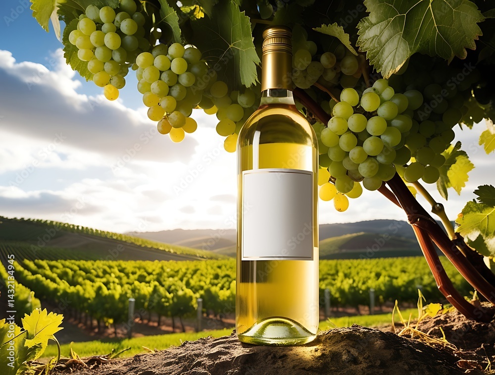 Fototapeta premium Elegant white wine bottle with blank label placed among vineyard grapes and leaves under blue skies, ideal for branding, wine marketing, product mockups, or vineyard lifestyle concepts