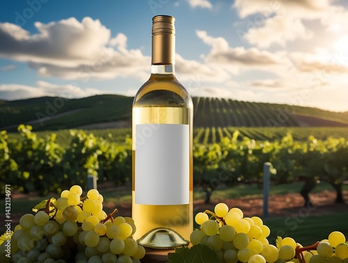Elegant white wine bottle with blank label placed among vineyard grapes and leaves under blue skies, ideal for branding, wine marketing, product mockups, or vineyard lifestyle concepts

 photo