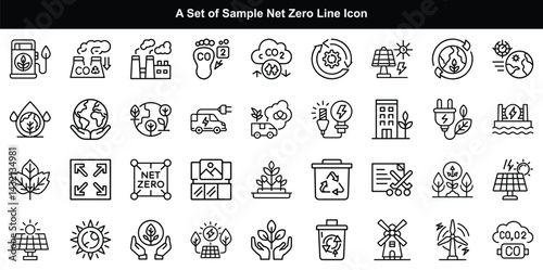  Net Zero Line Icon Vector Set, Carbon Neutral Sustainability Graphics