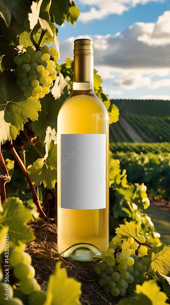 Fototapeta premium Elegant white wine bottle with blank label placed among vineyard grapes and leaves under blue skies, ideal for branding, wine marketing, product mockups, or vineyard lifestyle concepts