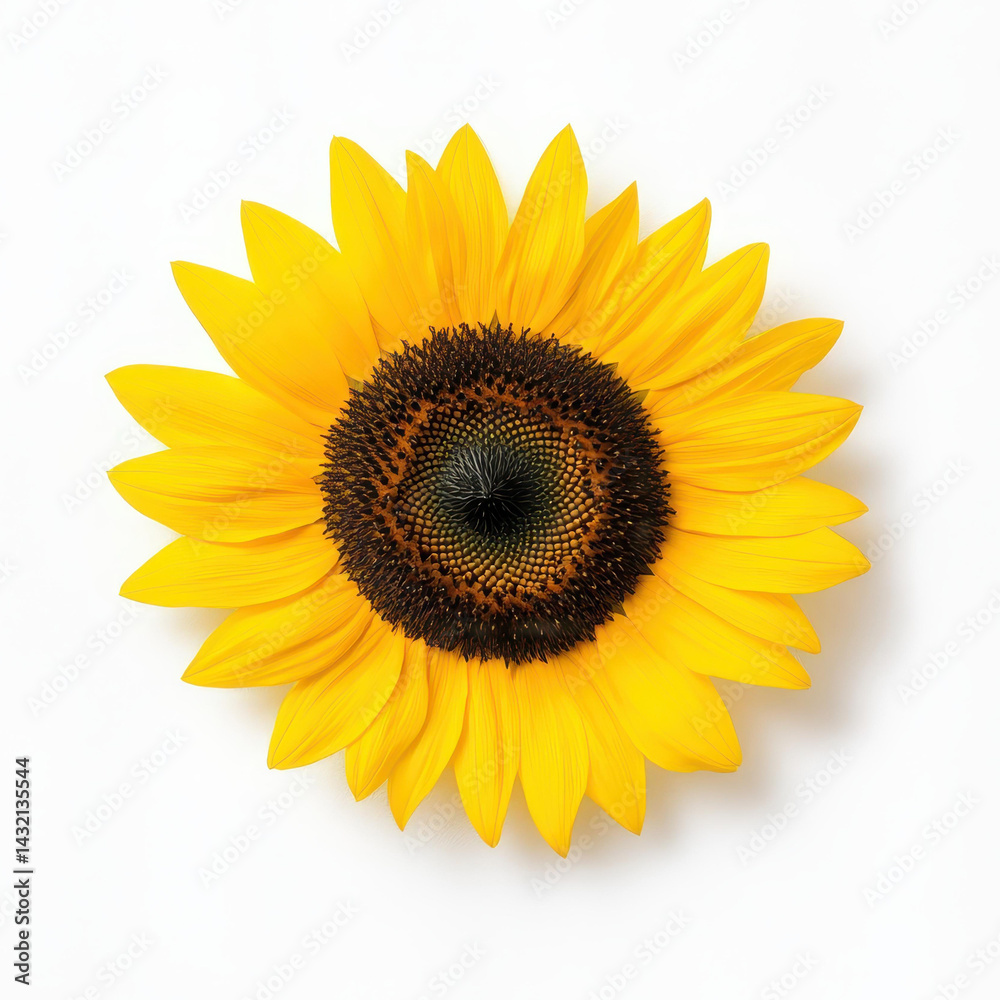 Fototapeta premium A bright sunflower stands out against a clean white background, highlighting its vibrant yellow petals and unique shape.