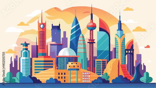 Colorful skyline of a modern city at sunset with iconic skyscrapers and a vibrant atmosphere
