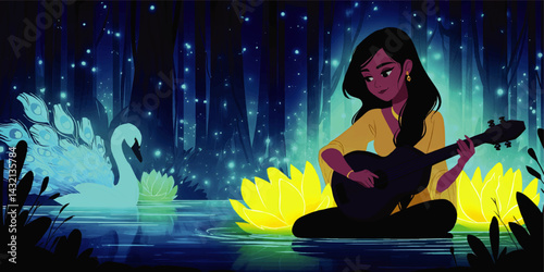 Enchanted Forest Night Scene with Girl Playing Guitar, Magical Swan, Glowing Lotus Flowers, and Blue Fireflies – Fantasy Vector Illustration