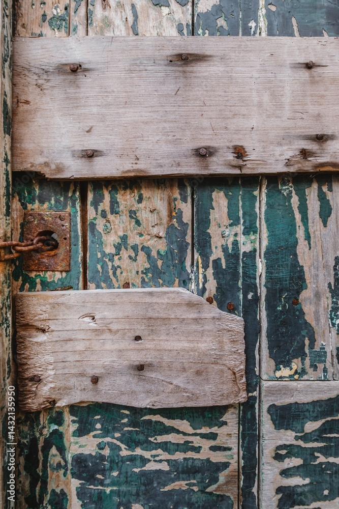 Weathered Portuguese Rusty Chain on Abandoned Door. Peeling Turquoise Paint and Wooden Patches Revealing Years of Coastal Weather Exposure in Azores Islands