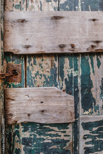 Obraz na płótnie Weathered Portuguese Rusty Chain on Abandoned Door. Peeling Turquoise Paint and Wooden Patches Revealing Years of Coastal Weather Exposure in Azores Islands w salonie