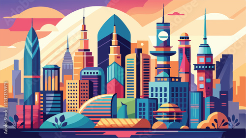Colorful skyline of a modern city at sunset with iconic skyscrapers and a vibrant atmosphere