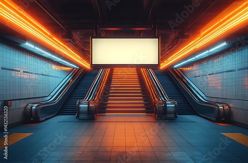 Dimly Lit Subway Station Mockup with Escalators and Blank Advertisement Space Highlighted by Vibrant Orange and Blue Lighting

