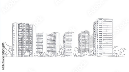 Cityscape sketch high-rise buildings, trees, urban development
