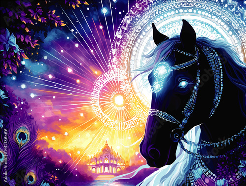 Mystical Black Horse with Glowing Eyes and Jewels in Vibrant Fantasy Landscape, Mandala Sun, and Ornate Palace