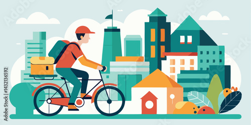 Bicycle delivery person navigating through an urban cityscape filled with modern buildings under a clear sky