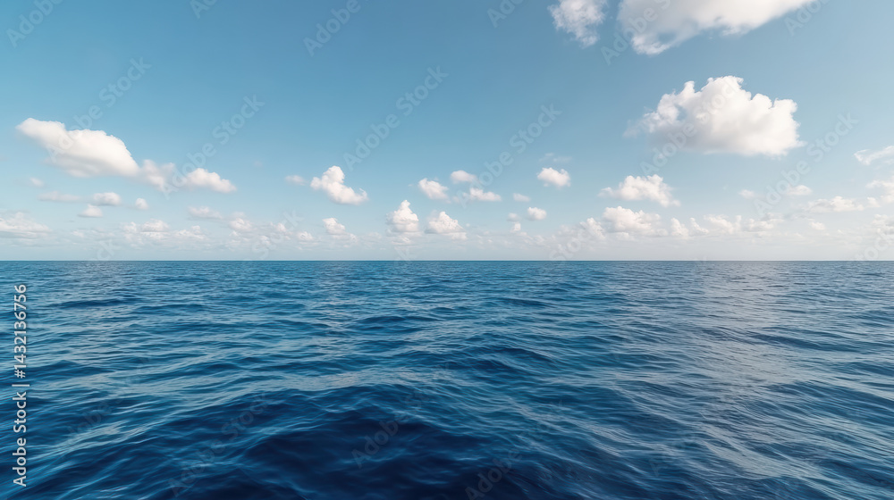 Fototapeta premium Calm ocean waves reflect serene sky with fluffy clouds, creating tranquil atmosphere