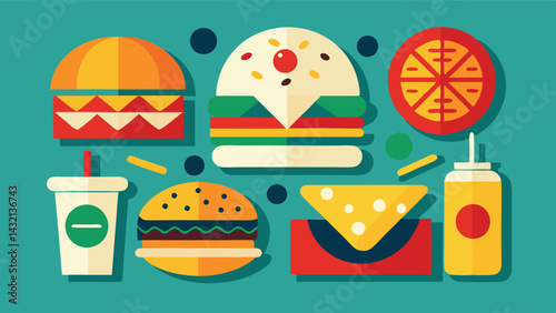 Colorful vector illustration featuring a variety of food items including burgers, drinks, and snacks in a playful arrangement ideal for culinary design themes