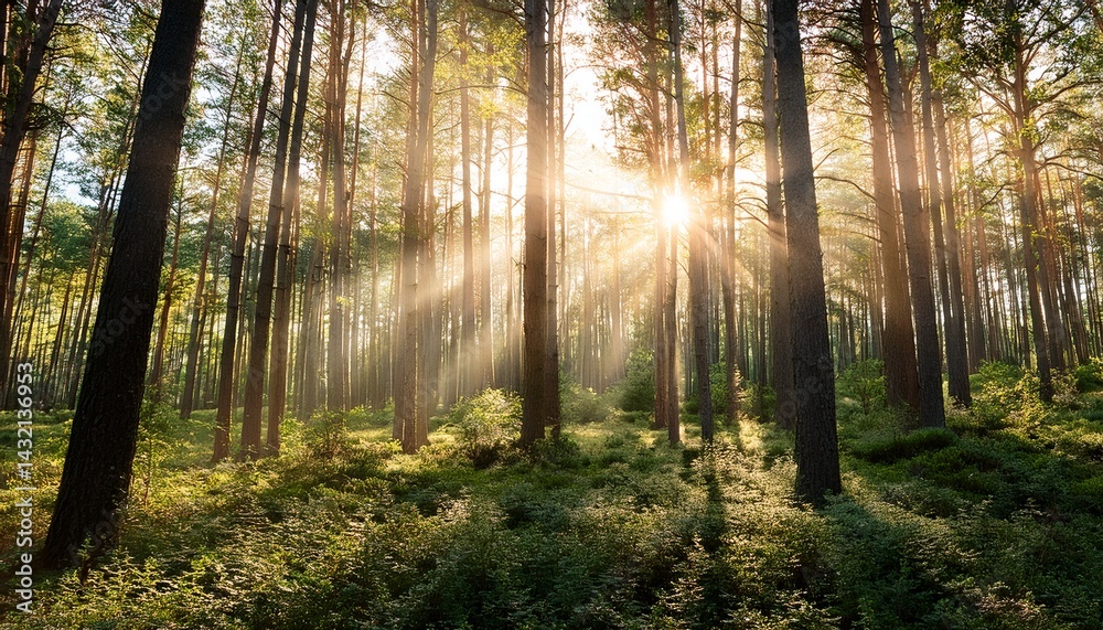 Naklejka premium forest of trees with sun rays sun burst through the forest trees