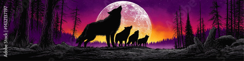 Majestic Wolf Pack Silhouettes Howling at Full Moon in Vibrant Purple Forest, Colorful Sunset Sky Illustration