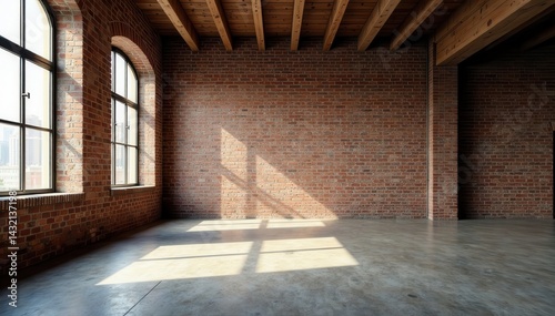 Spacious open-plan loft, exposed brick wall, concrete floor, urban, studio, texture