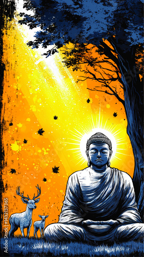 Enlightened Buddha Meditating Under Tree with Deer in Vibrant Sunrise – Spiritual Nature Artwork, Zen Tranquility, Vector Illustration