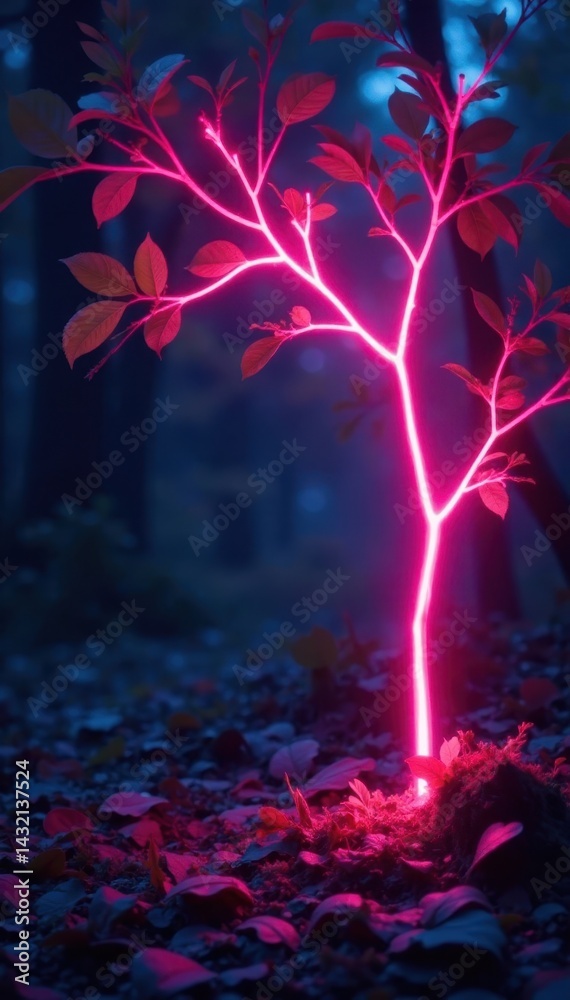 Fototapeta premium Arcing neon branches, ethereal glow, vibrant leaves, radiant, bioluminescent, organic