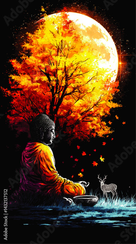 Tranquil Buddha Meditation Under Full Moon with Autumn Tree, Deer, and Vibrant Night Sky – Spiritual Digital Art Illustration