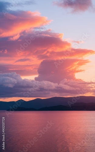 Tranquil Mountain Silhouette under Vibrant Sunset Skies on the Coastline