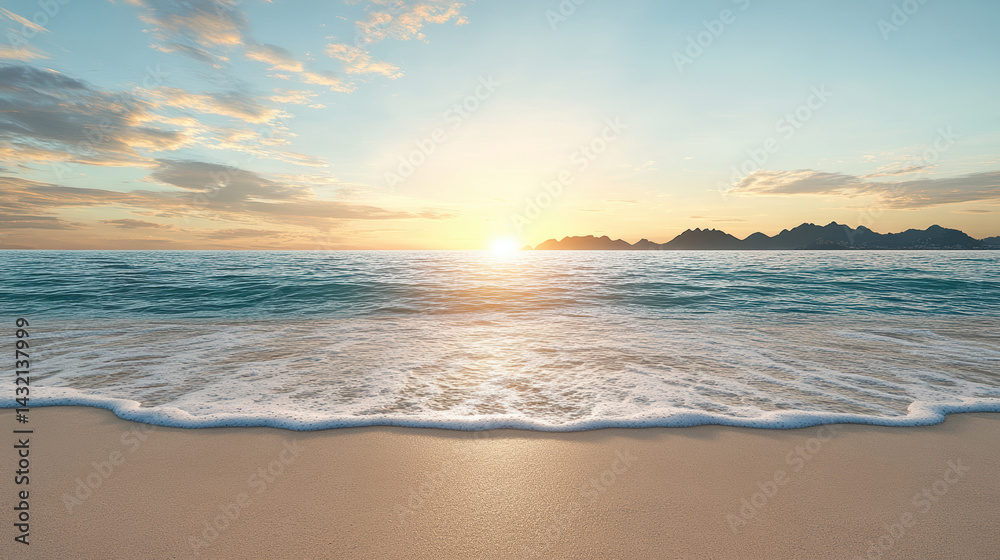 Fototapeta premium serene ocean shore with soft sunset light illuminating distant mountains