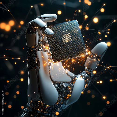 
robotic hand holding AI chip, close-up, dramatic lighting, black tech background, sparks and digital matrix, left side empty for text overlay
