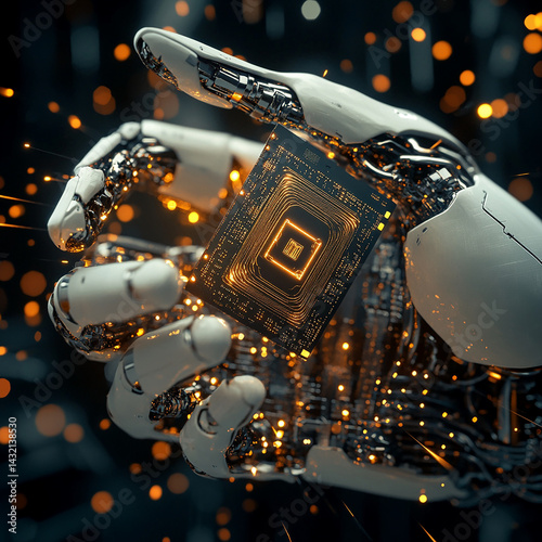 
robotic hand holding AI chip, close-up, dramatic lighting, black tech background, sparks and digital matrix, left side empty for text overlay
