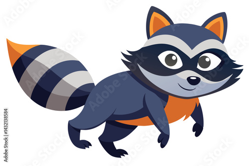 Cute blue raccoon character in a playful pose with a friendly expression ready to embark on an adventure in a whimsical cartoon world