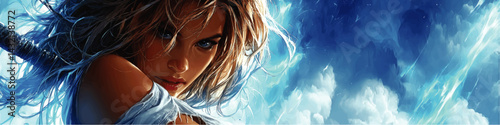 Fierce Fantasy Warrior Woman with Sword Amidst Dynamic Blue Sky and Clouds – Epic Digital Art Illustration