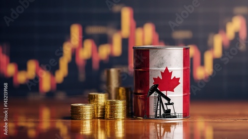 Canadian Flag on Barrel with Pumpjack and Financial Graph Background photo