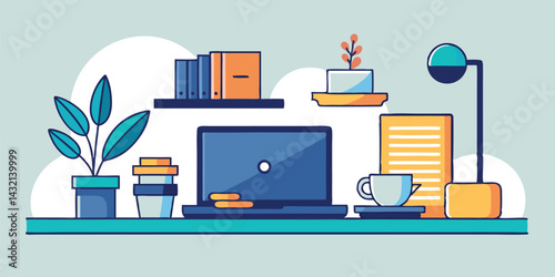 Cozy workspace featuring a laptop, books, and decorative plants arranged on a vibrant desk with a lamp and notepad in a modern illustration style