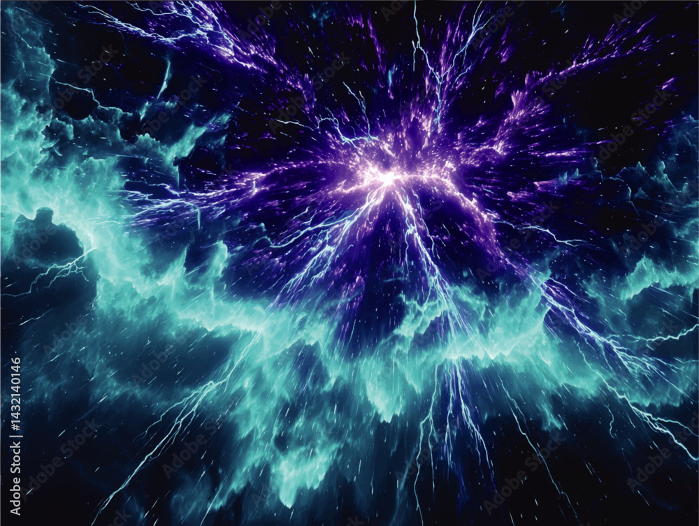 Fototapeta premium Vibrant Blue and Purple Energy Burst in Outer Space, Abstract Lightning Explosion Background, Futuristic Cosmic Power Concept