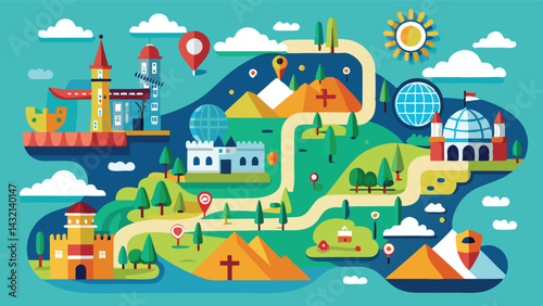 Colorful vector illustration of a whimsical map featuring castles, mountains, parks, and landmarks with winding roads and various markers indicating points of interest
