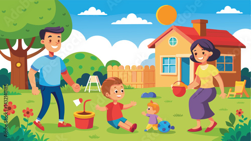 Family enjoying a sunny day playing soccer in a vibrant backyard with a colorful house and garden