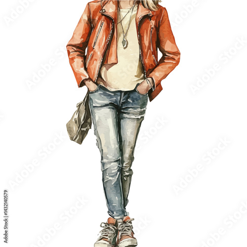 Person In A Modern Leather Vest And Sneakers, watercolor vector, isolated on a white background.