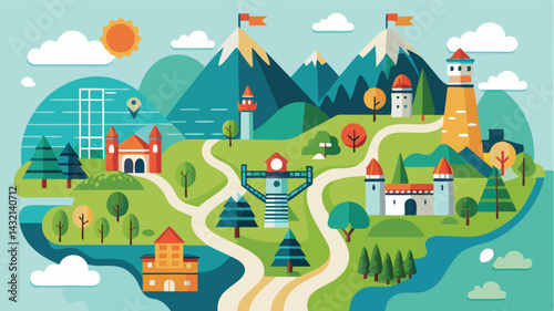 Colorful vector illustration of a whimsical map featuring castles, mountains, parks, and landmarks with winding roads and various markers indicating points of interest