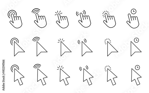 Computer mouse cursor icon set with arrows, hand pointers, click effects, and loading symbols. Perfect for UI, web design, and digital apps. Vector illustration.	
