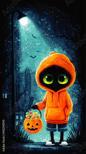 Cute Mysterious Cartoon Kid in Orange Hoodie Trick-or-Treating at Night Under Streetlight, Halloween Art with Pumpkin Candy Bucket