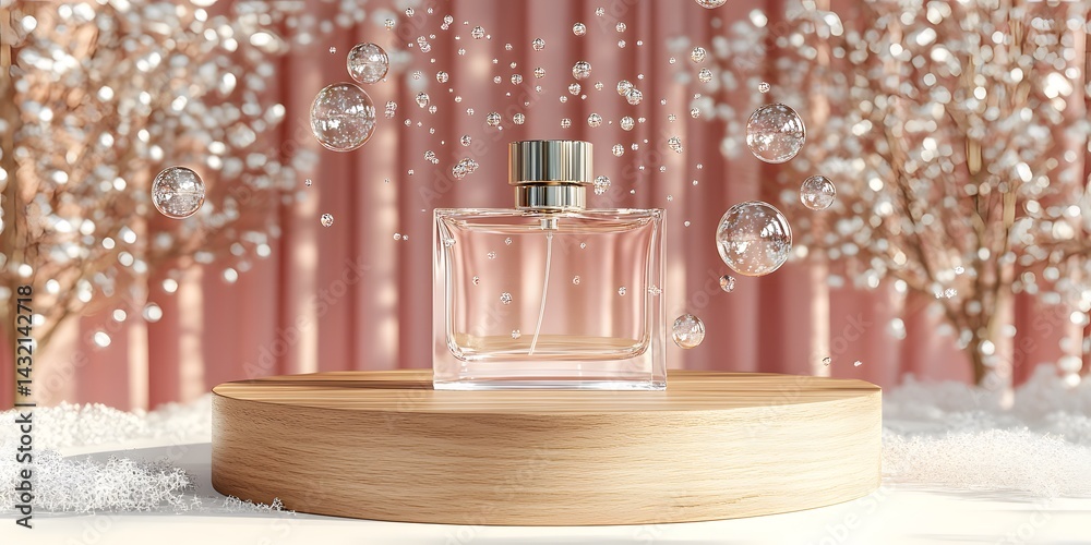 Elegant Perfume Bottle on Wooden Display with Pink Background Elegant Perfume Bottle on Wooden Display with Pink Background