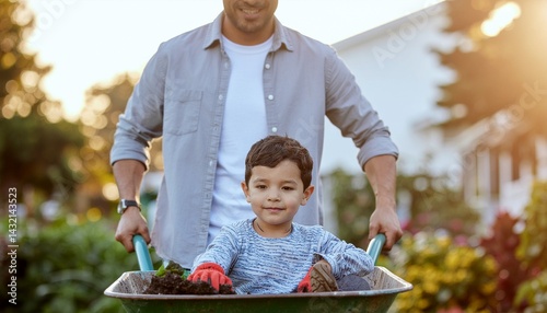father and son gardening in garden, father push wheelbarrow with his son in it