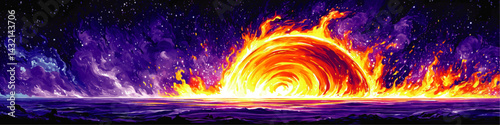 Vibrant Abstract Fiery Sunset Over Ocean with Dramatic Night Sky and Stars, Fantasy Landscape Digital Art Illustration