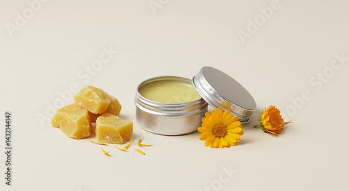 Open tin of natural lip balm next to calendula petals and beeswax chunks, clean layout with neutral tones