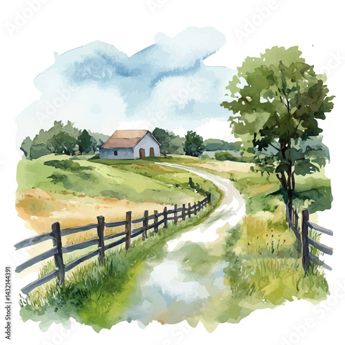 illustration of Peaceful Morning In The Countryside, watercolor vector, isolated on a white background.