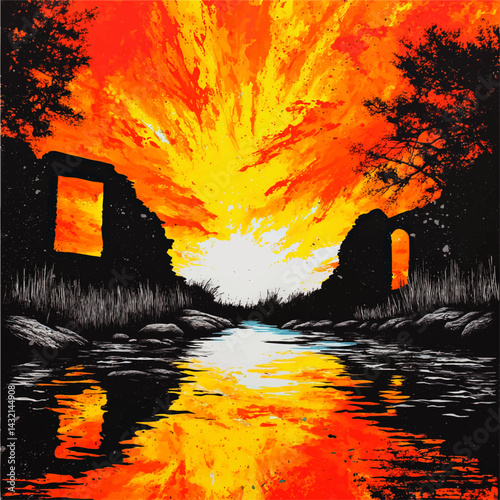 Dramatic Sunset Over Ruined Stone Structures by a River, Vibrant Orange and Yellow Sky Reflected in Water, Surreal Nature Landscape Art