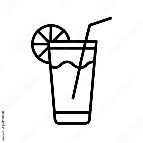Minimalist black line icon of cold drink in tall glass with straw and lemon slice, isolated on white background, symbol of summer refreshment