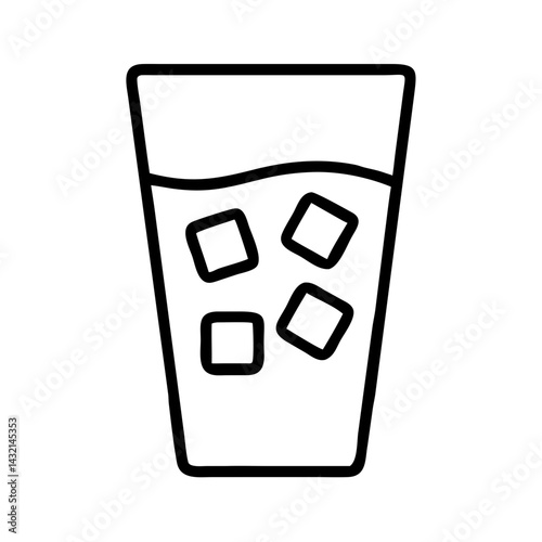 Minimalist black line icon of glass filled with ice cubes and liquid, isolated on white background, symbol of cold drink and refreshment